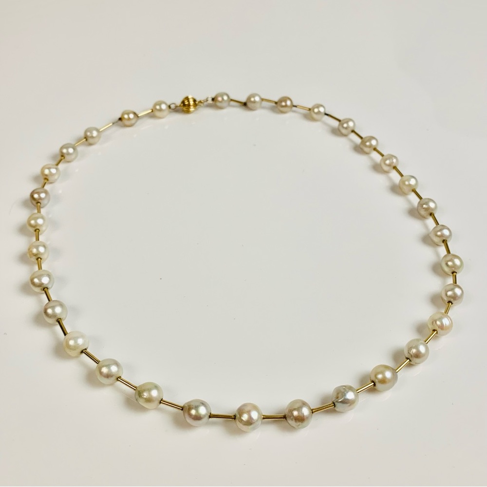 Vintage 14K Yellow Gold Pearl Bead Strand Necklace - Picture 3 of 12